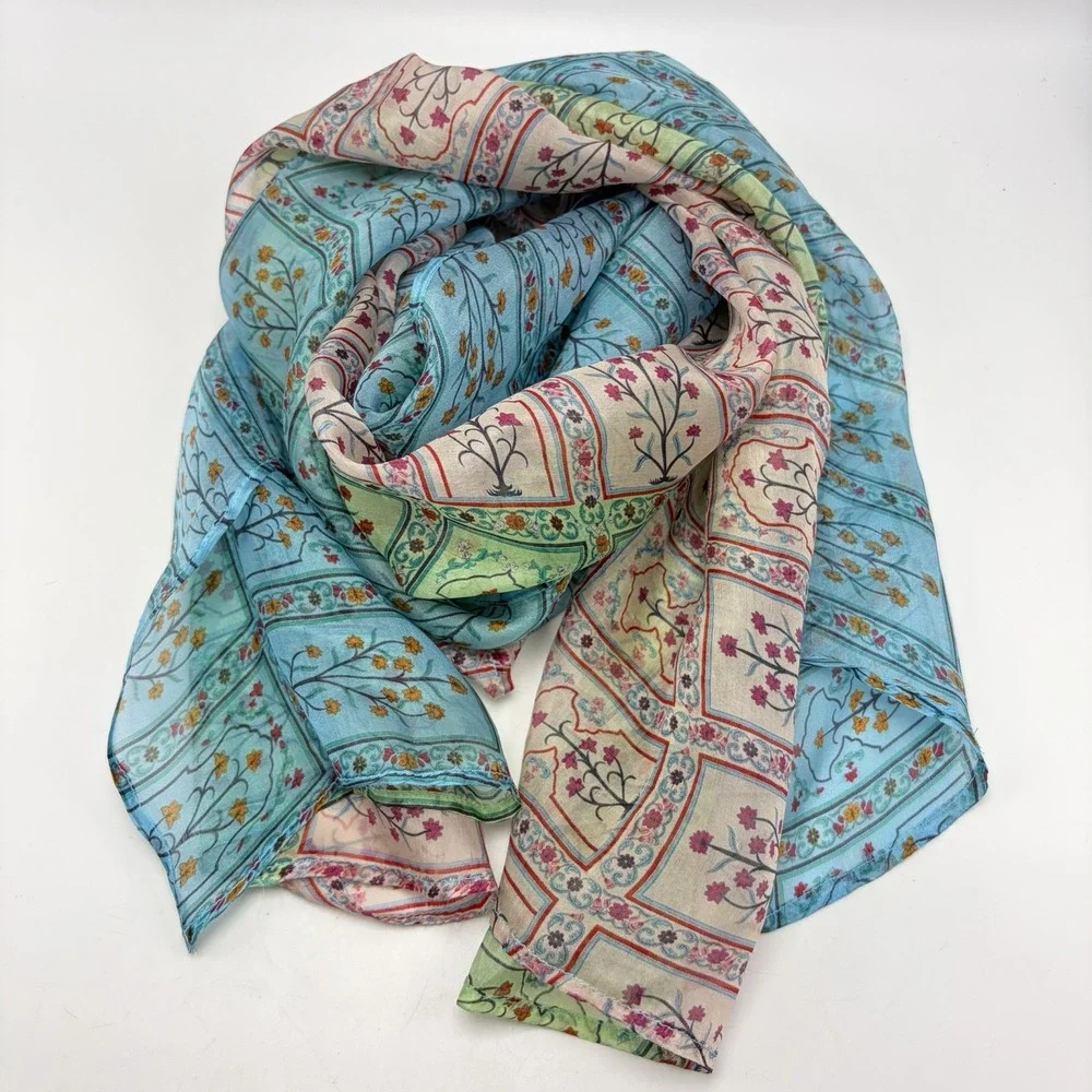 World Market Silk Scarf Floral Teal Asian Rectangle Feminine Prairie Coquette